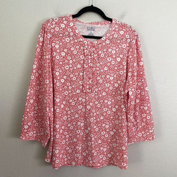 Croft & Barrow Womens Plus XXL Floral 3/4 Sleeve Ruffle Henley Top Shirt - Picture 5 of 9